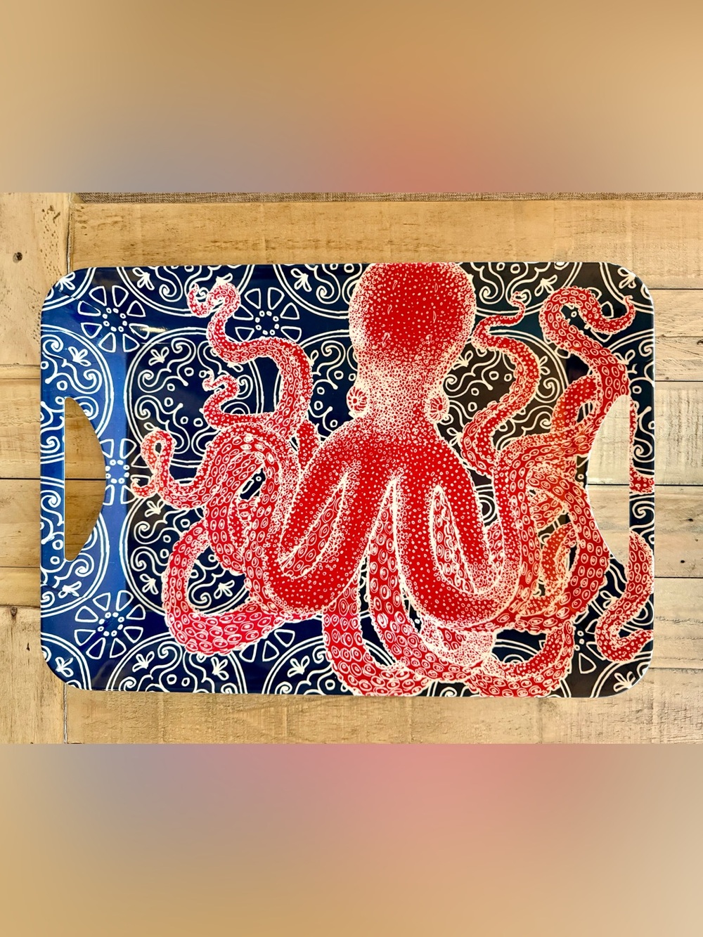 Demdaco Dockside Red Octopus Melamine Blue and White Serving Tray Tim Coffey